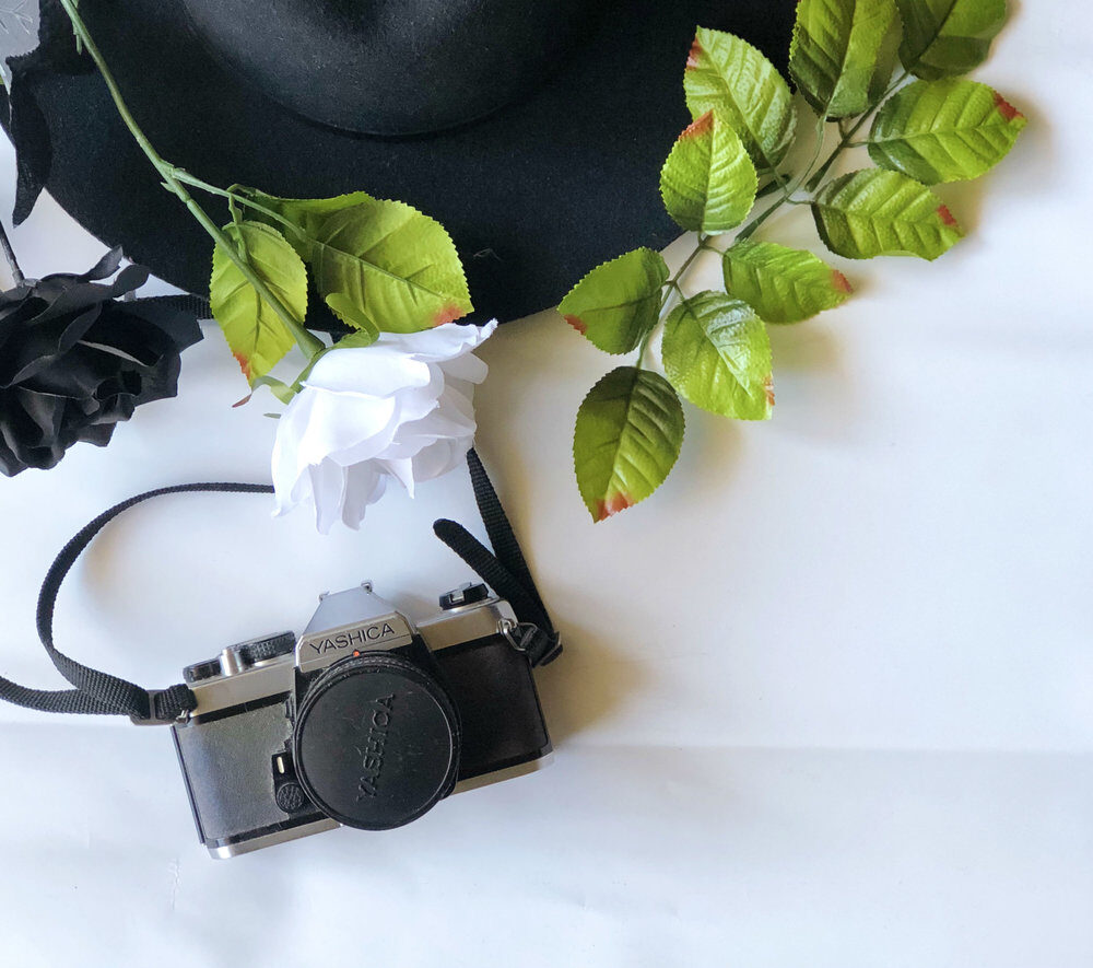 black film camera with hat and greenery